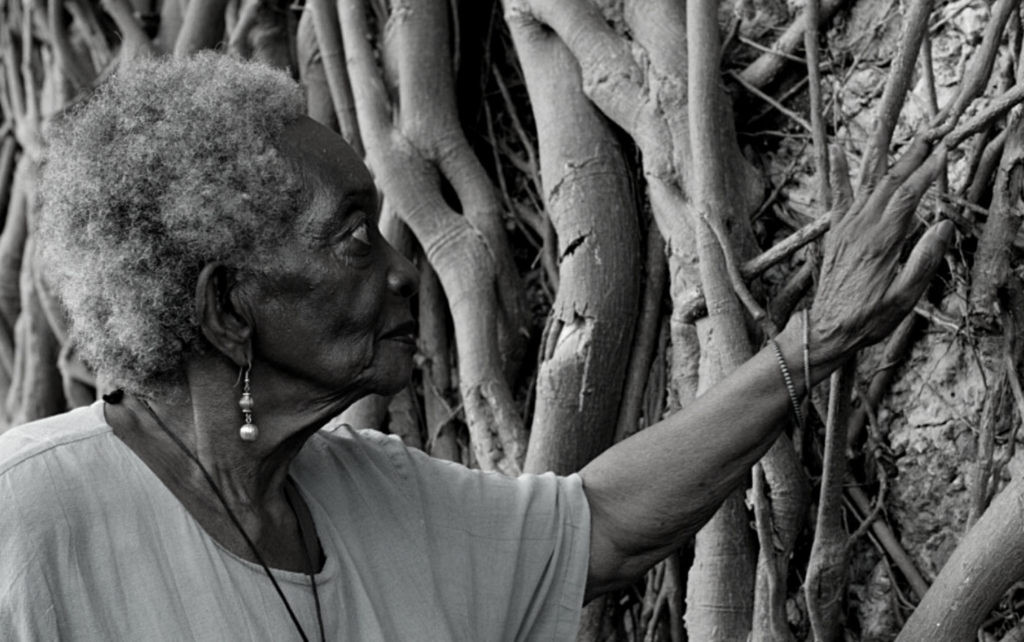 La poeta Georgina Herrera toca un árbol con su mano